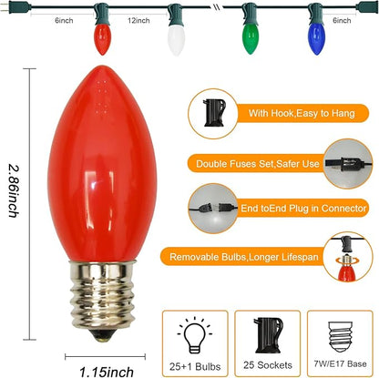 C9 LED Christmas Lights,25FT Vintage C9 Multicolor Christmas Lights Outdoor with 26 Colorful Ceramic LED Bulbs,Connectable Waterproof Light for Outdoor Christmas Decorations Tree Garden Gar