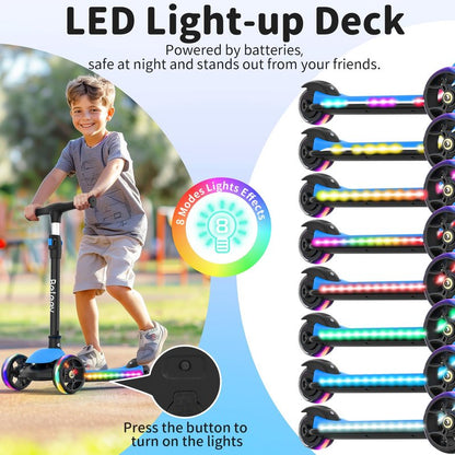 BELEEV Kids Scooter with LED Light-Up Wheels & Deck, 3 Wheel Folding Scooter for Toddlers Girls Boys Ages 3-12, Adjustable Handlebar, Lean to Steer, Extra Wide Wheel, Kick Scooter for Children (Blue)