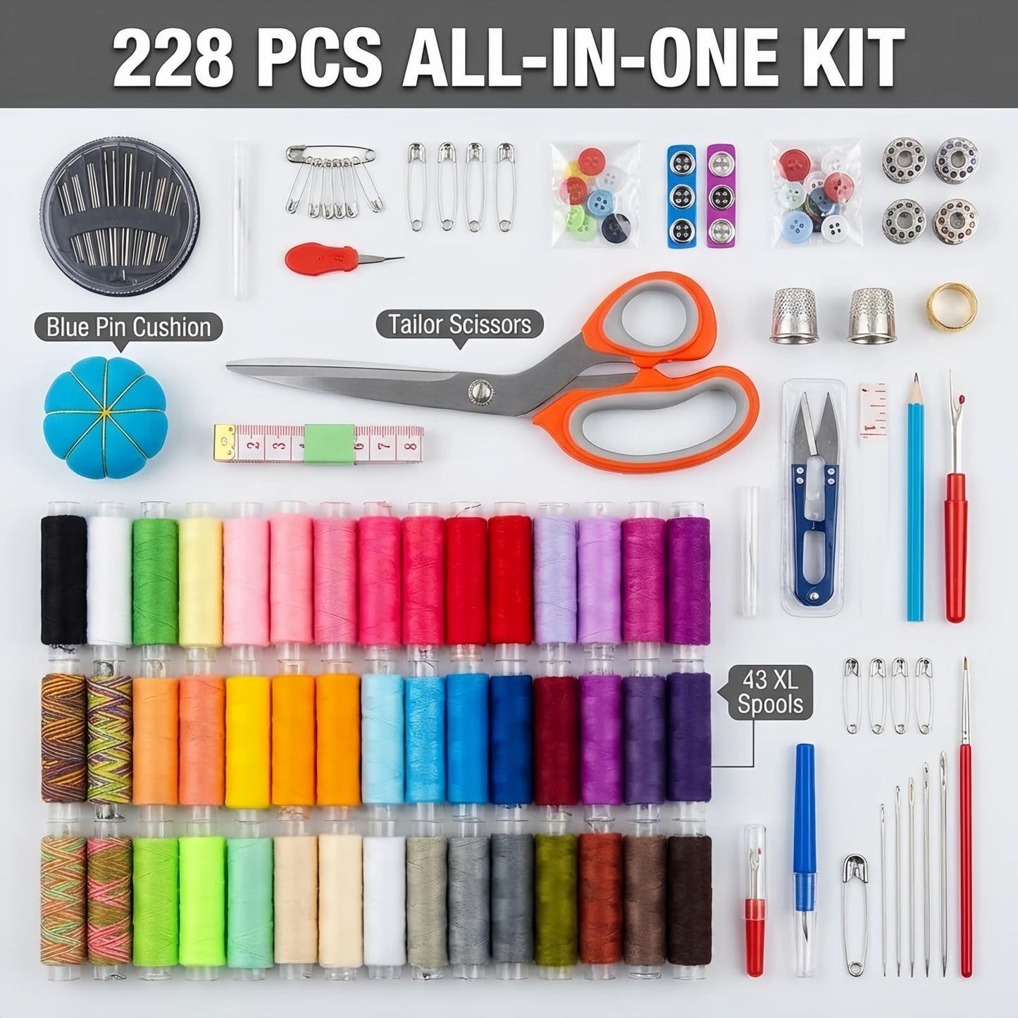Forypretty Sewing Kit for Adults, 228 PCS Needle and Thread Kit with Tailor Scissors and Accessories, 43 XL Thread Spools, Travel Sewing Kit for Beginners, PU Leather, Gift for Mom Grandma
