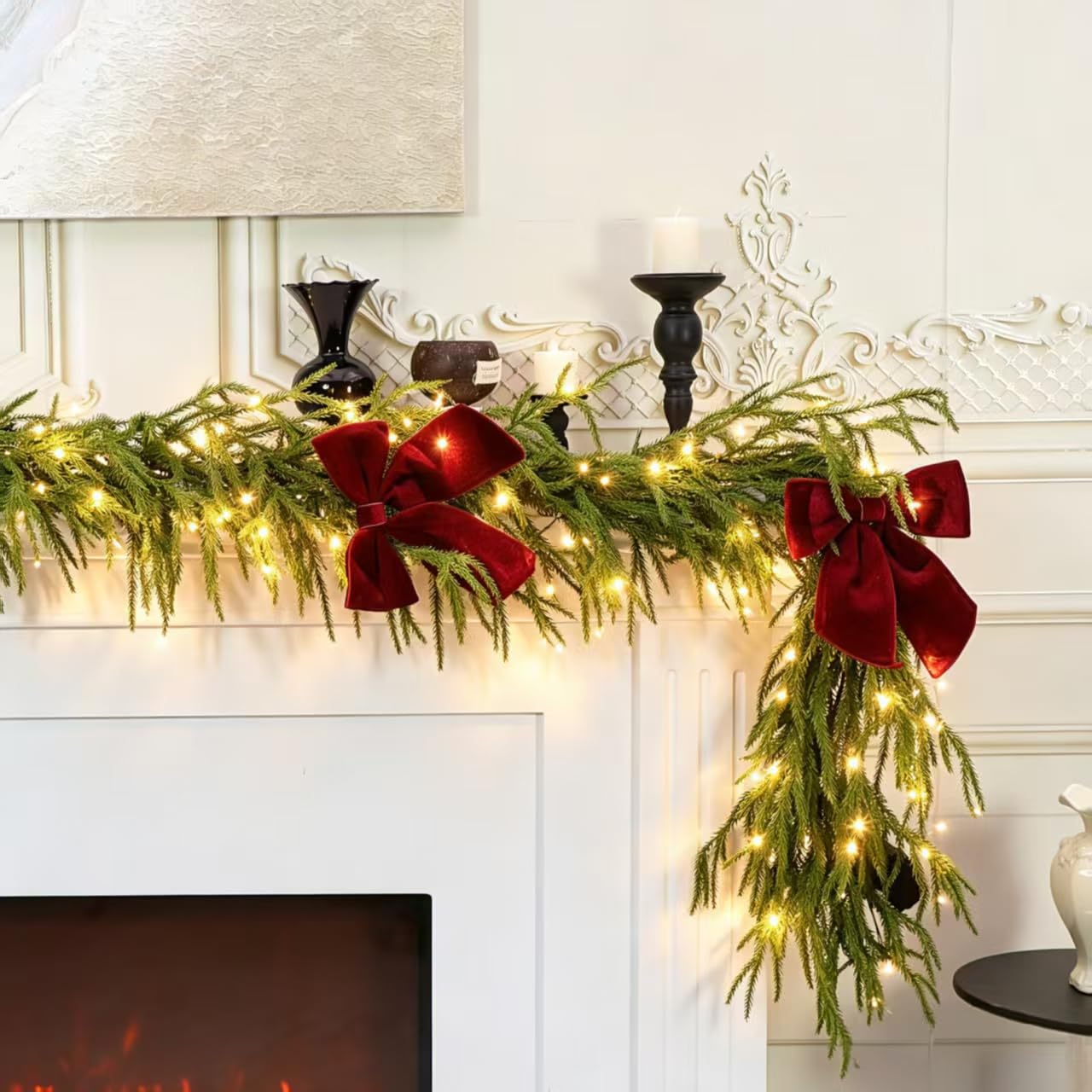 HipTree 9ft Christmas Garland with Lights,Lighted Norfolk Pine Garland for Mantle,Prelit Real Touch Artificial Greenery Christmas Winter Garland with Large Burgundy Velvet Bow for Indoor Outdoor Decor