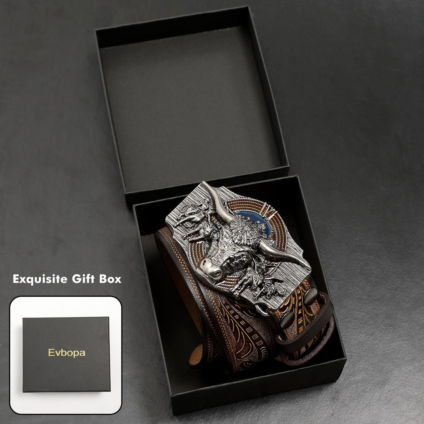 Evbopa Men's Western Cowboy Belt Mens Engraved Buckle Leather Belts for Jeans