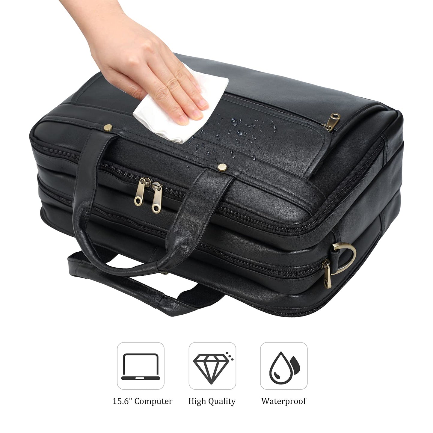 Polare Natural Napa Leather 16'' Black Business Briefcase Laptop Messenger Bag for Men with YKK Zippers