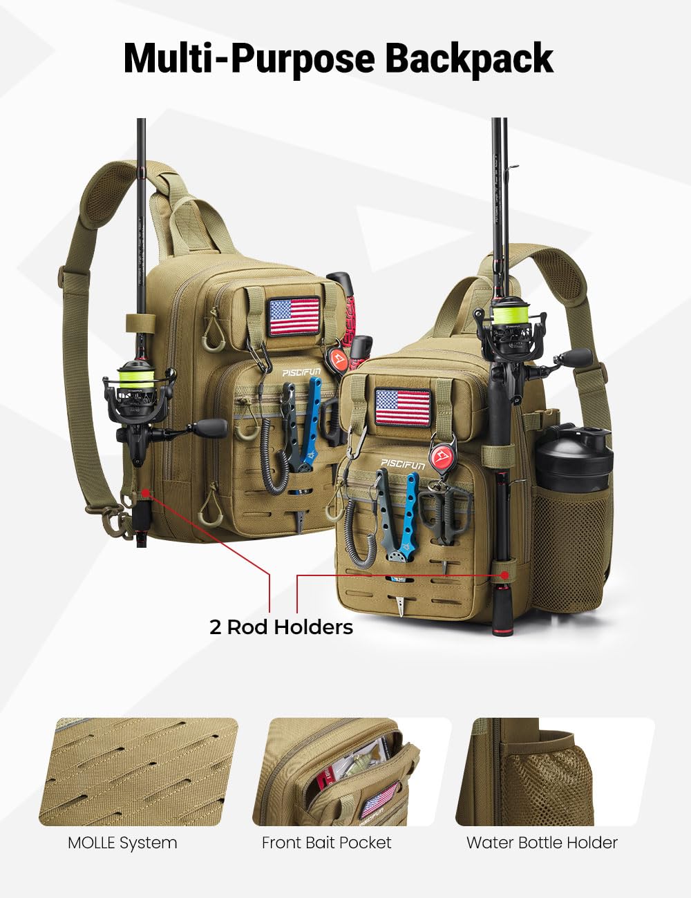 Piscifun Fishing Backpack Tackle Bag with 2 Rod Holders, Multi-Compartment Storage, MOLLE System, Water-Resistant Lightweight Outdoor Pack,Single Shoulder Khaki Standard