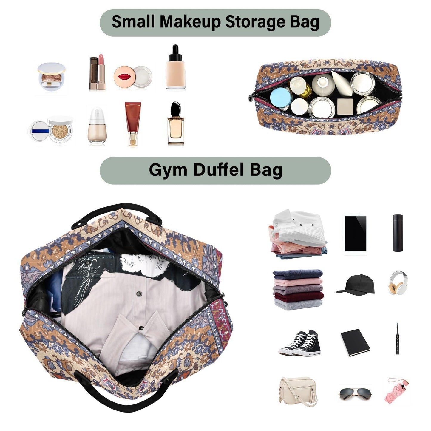 Aflyko Travel Duffel Persian Carpet Tribal Mandala Sport Tote Gym Weekender Overnight for Men Women Flight Approved Carry On Fitness Dance Go-To Daily, Medium