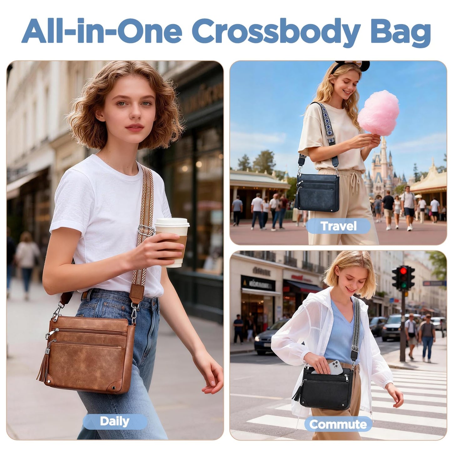 Fiiuos Anti Theft Crossbody Purse for Women RFID Crossbody Bags for Travel, Vegan Leather Cross Body Bag with Built-in Wallet for Work & Daily Use, Hands-Free Shoulder Purse with Tassel Brown