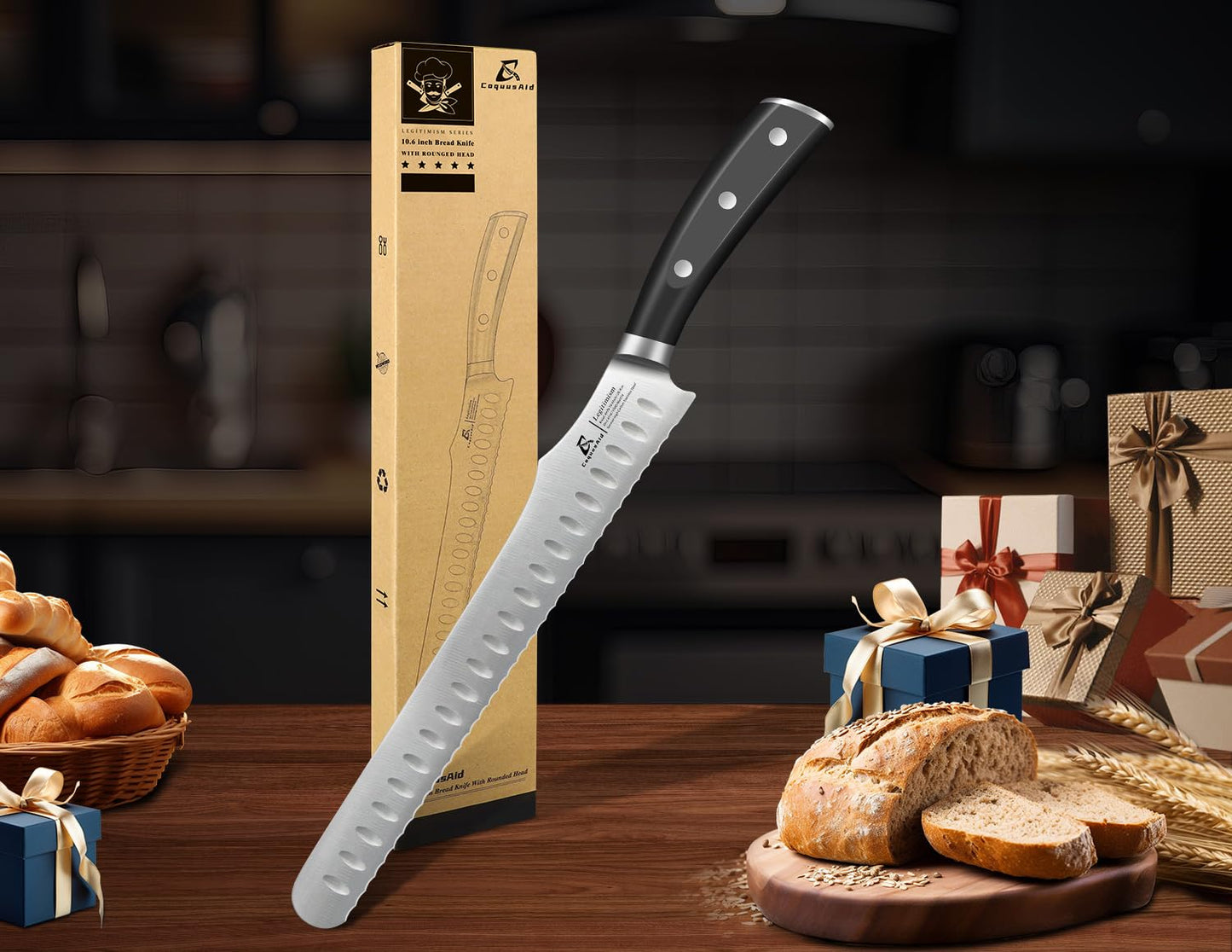 CoquusAid Bread Knife for Homemade Bread, 10.6 Inch Multifunction Serrated Knife, Razor Sharp Slicer, High Carbon German Steel Bread Cutter, Ergonomic Handle for Sourdough Turkey Fruit Cutting, Gift