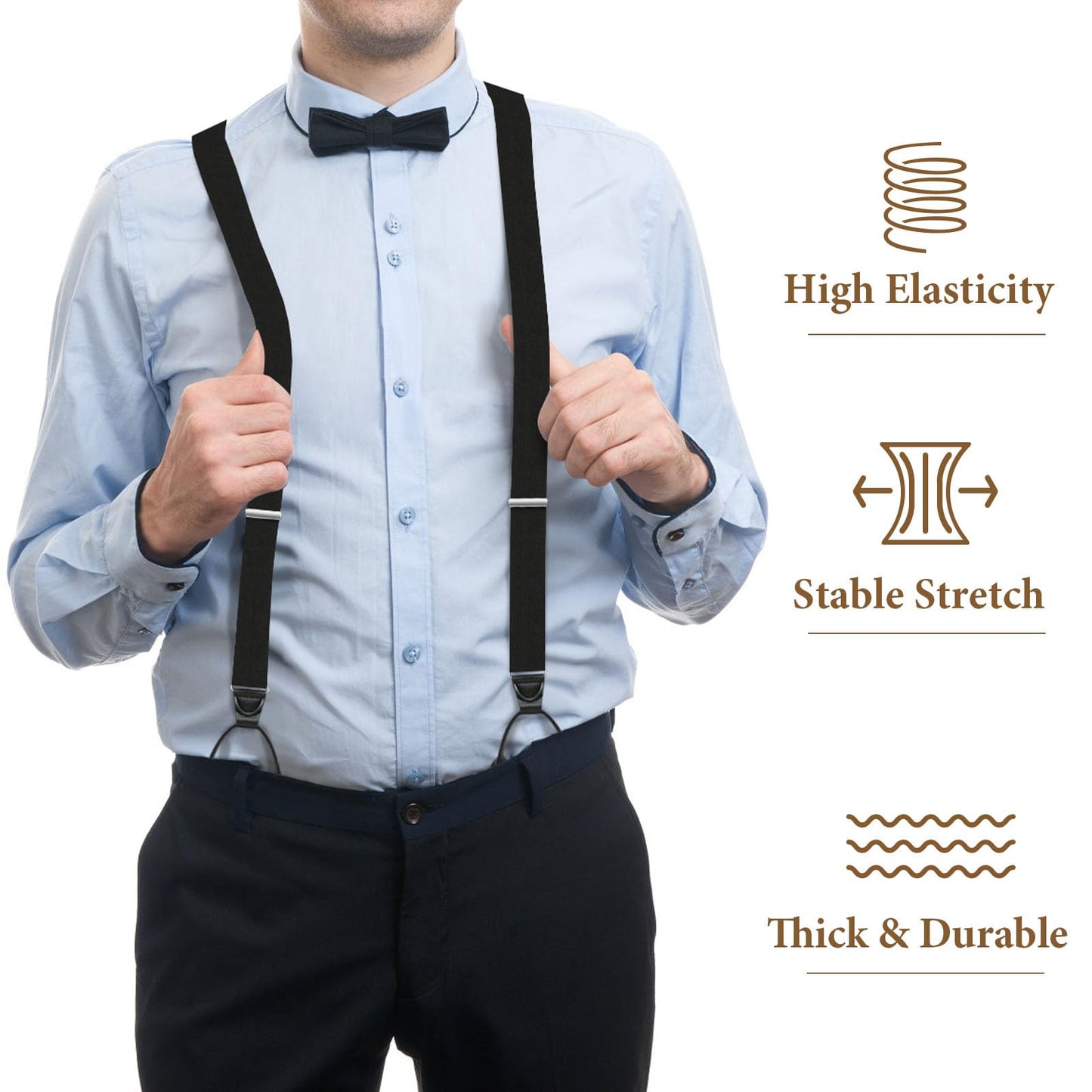 Button Suspenders for Men Y-Back 1.4 Inches Wide Leather Button End Elastic Adjustable Suspenders for Men Tuxedo Black Braces