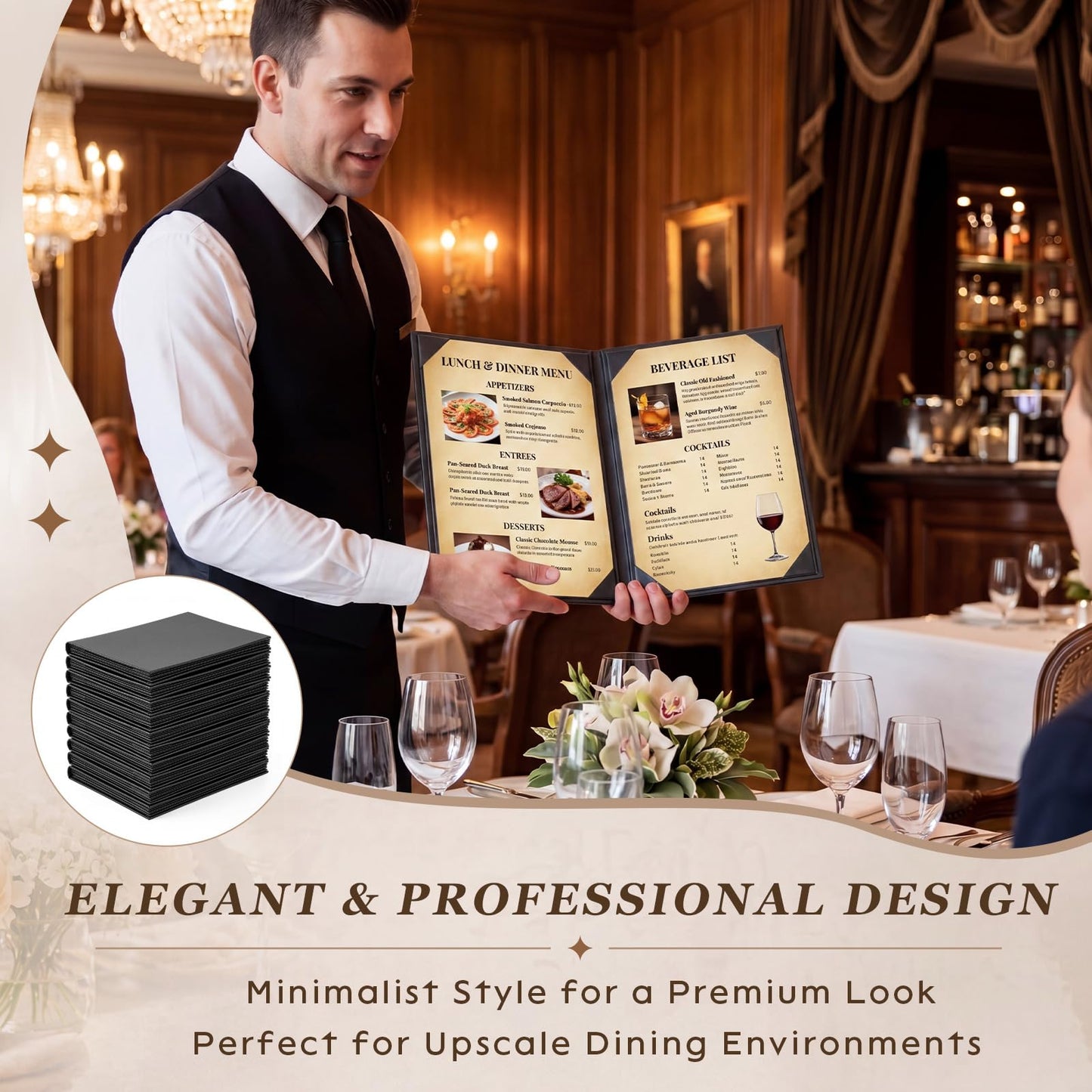 Ferrochef 10 Pack Leather Menu Covers, 6 View Menu Holder 8.5 x 11 Inch for Restaurant, Cafes, Bars, Wine List, Drinks, Commercial and Home Use, Black