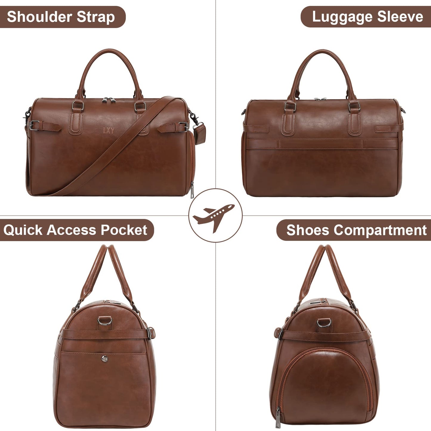 Vegan Leather Duffle Bag, LXY Travel Duffle Weekender Bag with Shoe Compartment, Duffel Overnight Gym Bags for Women Men Brown