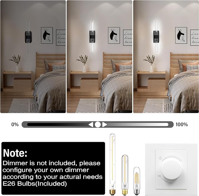 Modern Wall Sconces, Bathroom Wall Sconce, 22.8" Black Wall Lamps, 2-Light Dimmable Sconces Wall Lighting with Glass, Vanity Light Tube Sconce for Bedroom Living Room, Hallway