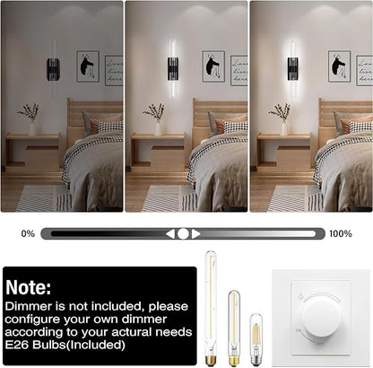 Modern Wall Sconces, Bathroom Wall Sconce, 22.8" Black Wall Lamps, 2-Light Dimmable Sconces Wall Lighting with Glass, Vanity Light Tube Sconce for Bedroom Living Room, Hallway