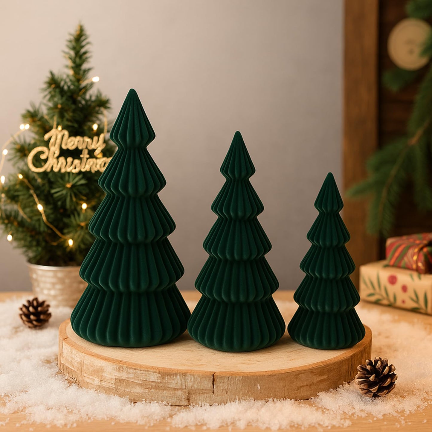 Relaxgiant Set of 3 Velvet Ceramic Christmas Trees Decoration Large Modern Velvet Cone Christmas Tree Figurine Decor Holiday Xmas Winter Indoor Home Tabletop Mantel Centerpiece(Dark Green)
