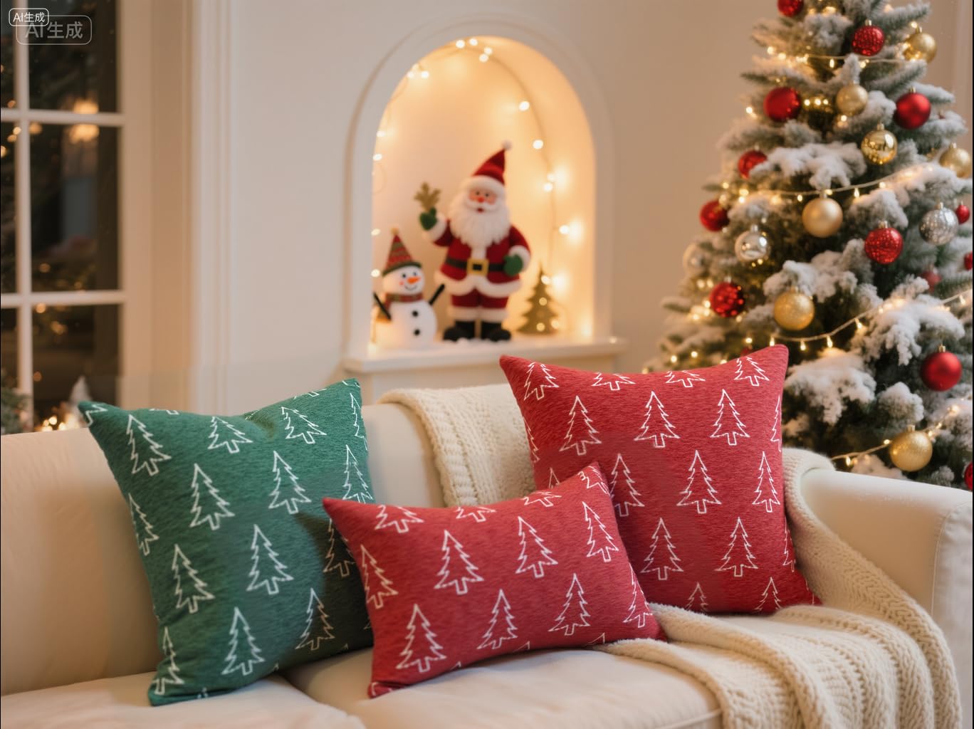 Auomily Soft Chenille Christmas Pillow Covers 18x18 Set of 2, Reversible Snowflake & Tree Pattern, Thick & Cozy Farmhouse Holiday Cushion Cases with Hidden Zipper for Sofa Couch Bed(Green,18x18)