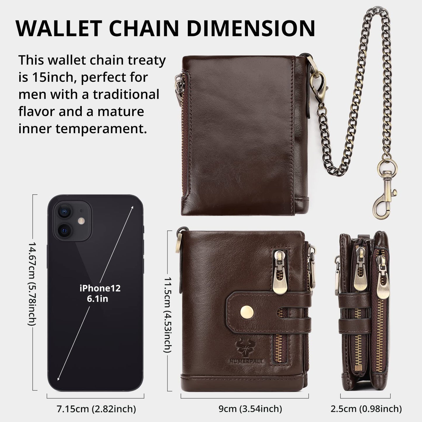 HUMERPAUL Genuine Leather Chain Wallet for Men, RFID Blocking Biker Trifold Credit Card Holder with Zipper Coin Pocket & Money Clip (Coffee)