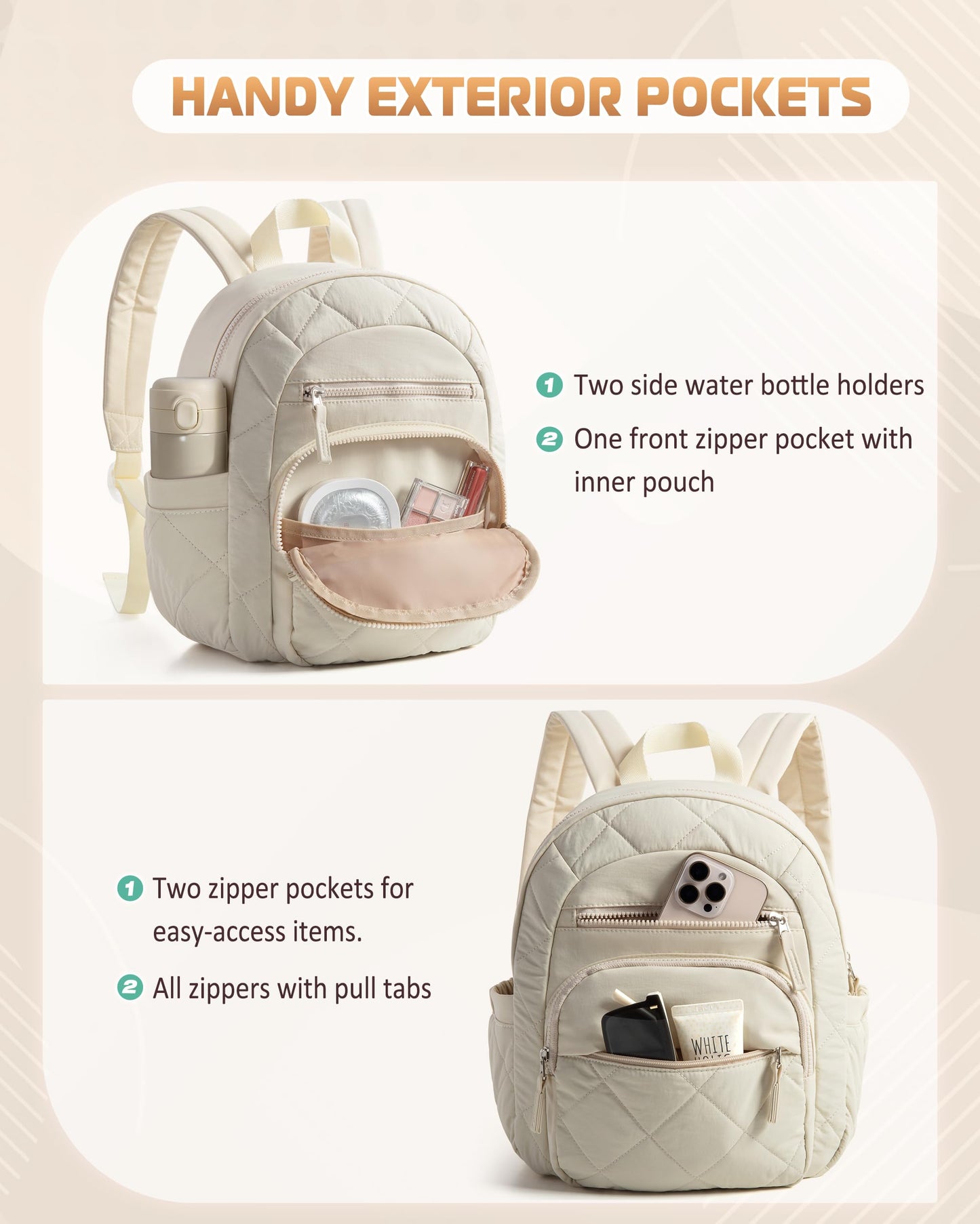 Smasrob Women Mini Backpack with RFID Blocking Pocket, Small Puffer Backpack Purse, Lightweight Quilted Backpack for Work, College or Travel, Beige