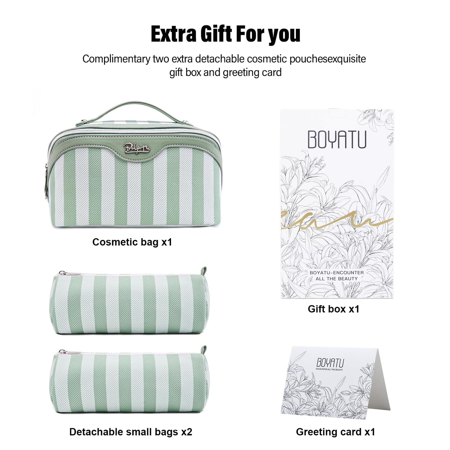 BOYATU Travel Makeup Bag Cosmetic Bag for Women: 3 Pcs Set Striped Make up Bag with Compartments - Waterproof Vegan Leather Toiletry Bag with Handle - Makeup Organizer for Travel Essentials(A-2-Green)