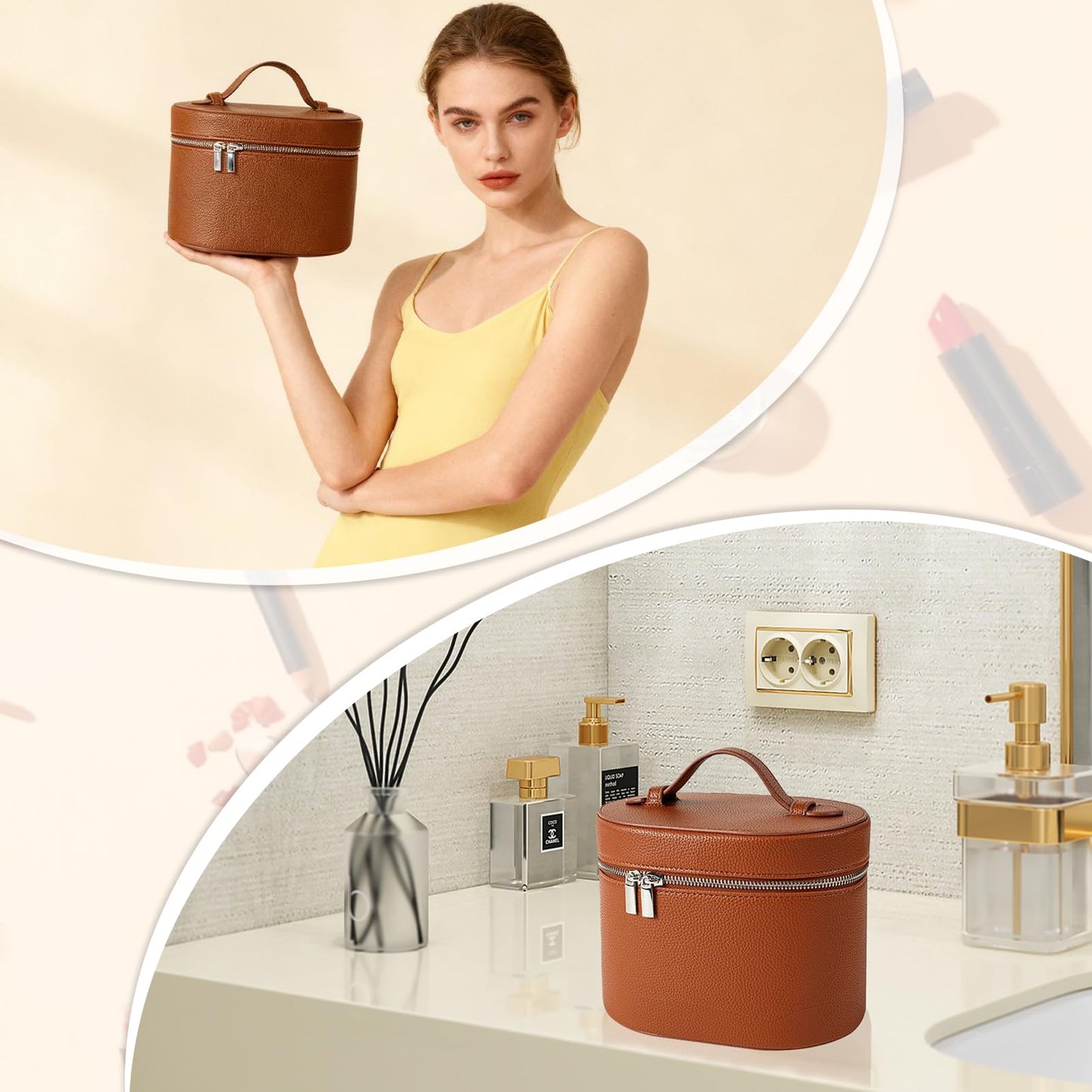 JOVOLIFE Makeup Case, Large Capacity Leather Makeup Bag with Removable Washable Compartment, Portable Waterproof Leather Cosmetic Case, Multi-functional Travel Organizer, Brown