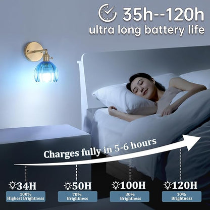 Vintage 5000 mAh Battery Operated Wall Sconce with Blue Clear Tulip Glass Lampshade Rechargeable Battery Powered Wall Light with Remote Control for Bedroom Doorway, Set of 2