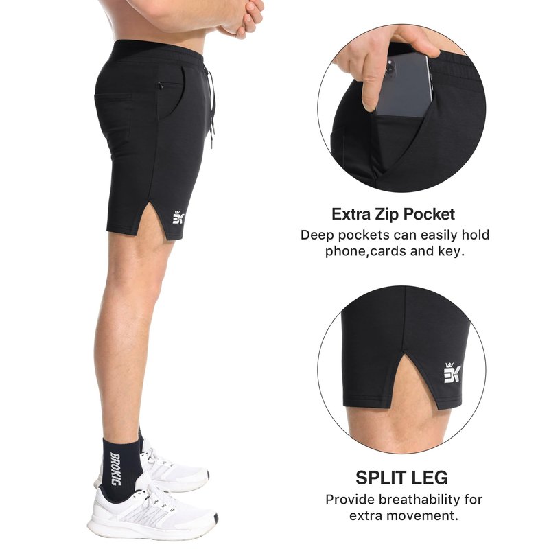 BROKIG Men's Airstretch Gym Shorts,5 Inch Slim Fit Running Exercise Athletic Workout Shorts for Men with Zipper Pockets(Black,Small)