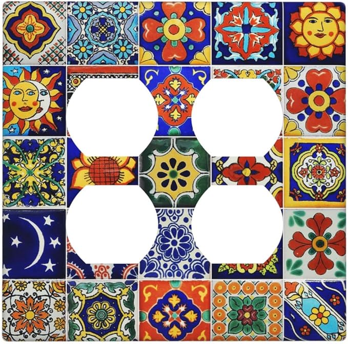 Decorative Light Switch Cover Plate Traditional Colorful Talavera Mexican Spanish Moroccan Tiles 2 Gang Socket Covers Double Duplex Wallplates Switch Plates and Outlet Covers for Kitchen Bathroom
