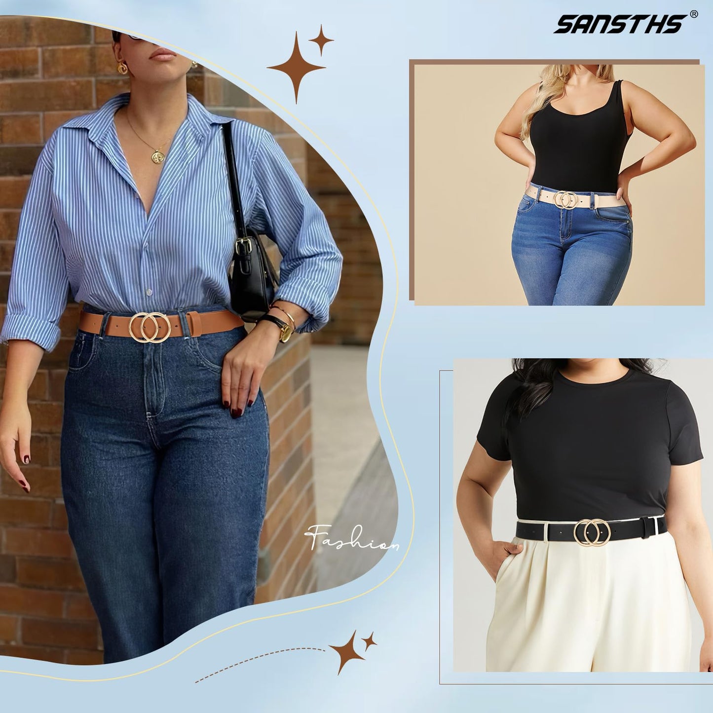 SANSTHS 3 Pack Women Waist Belts for Jeans Pants Dresses, Ladies Belt with Double O-Ring Gold Buckle, Black+Brown+Beige M