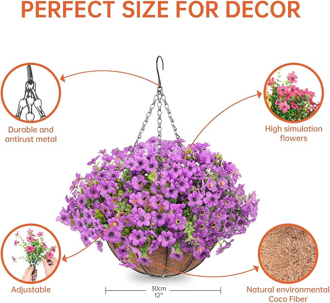 Artificial Hanging Faux Flowers Basket, Fake Silk Daisy Eucalyptus Plants Arrangement,for Spring Summer Outdoor Decoration,UV Resistant, Coconut Planter,Look Real for Home Garden Decor (Purple)
