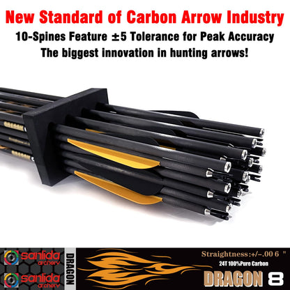 sanlida Dragon 8 100% Pure Carbon Hunting Arrows, 32" Ready-to-Shoot Arrows with Inserts, ±0.006" Straightness, 10-Spine Options, for Compound & Recurve Bows, 24 Pack (290 Spine)