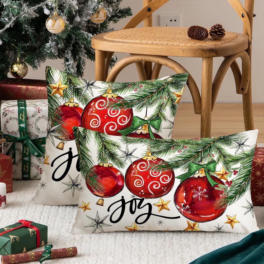 AACORS Christmas Pillow Cover 12X20 Inch Baubles Christmas Tree Stars Joy Decoration Holiday Farmhouse Winter Pillow Case for Sofa Couch Decor（Red） AA613-12