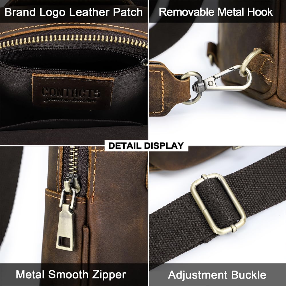 CONTACTS Full Grain Leather Sling Bag for Men Small Crossbody Chest Bag Casual Shoulder Daypack Travel Phone Purse Side Bag