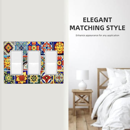 Traditional Colorful Talavera Mexican Spanish Moroccan Tiles Triple Rocker/Decora Wall Plate 3 Gang Light Switch Outlet Cover Plate Decorative Switchplate Electrical GFCI Faceplate for Bathroom Decor