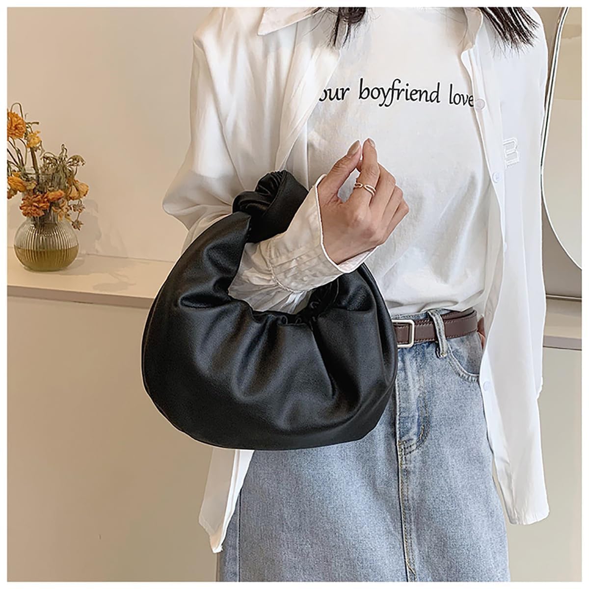 Inkfew Ruched Clutch Purses For Women Evening Bag PU Leather Trendy Small Hobo Handbag Wedding Guest Bags for Party Shopping,Black
