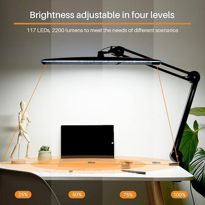 Task Lamp with Clamp, Bright 117PCS LEDs, Metal Swing Arm 24W 2200 Lumen Dimmable Led Desk Lamp for Architect Home Office Study Reading Dorm Workbench Craft, 23 Inch Working Lamp(Black)