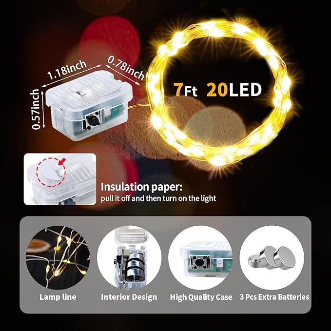 pozzolanas 24 Pack Warm White Fairy Lights Battery Operated 3 Modes 7FT 20 LED Waterproof String Lights Twinkle Silver Wire for Mason Jars Wedding Christmas Halloween Party Decor (24, Warm White)