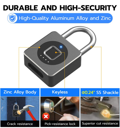eLinkSmart Fingerprint Gym Locker Lock, Keyless Biometric Padlock, Weatherproof Electronic Digital Bluetooth App Smart Combo Pad Lock for Outdoor Fence Gate School Locker Storage Pool Shed - Black
