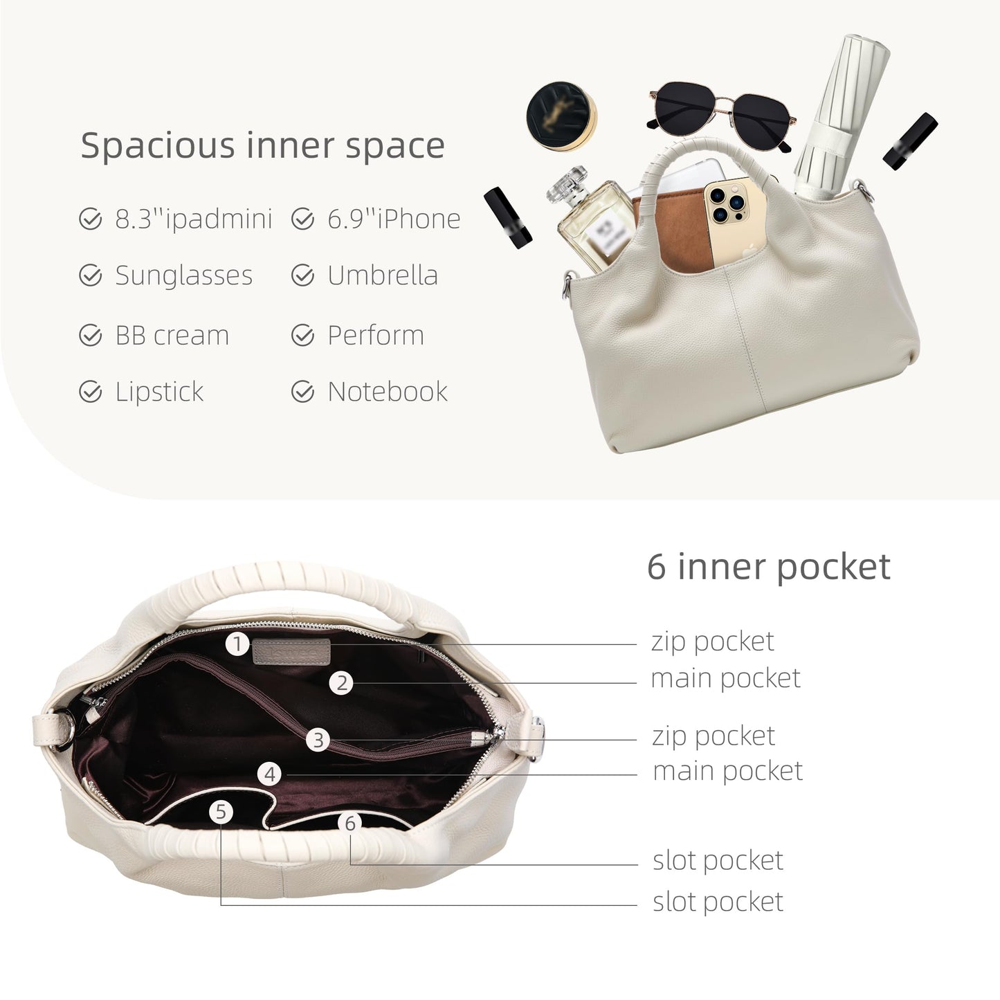 Iswee Genuine Leather Purse Cross Body Shoulder Bags for Women Purses and Handbags Satchel Designer Pocketbooks Hobo Medium Size Tote (Beige)