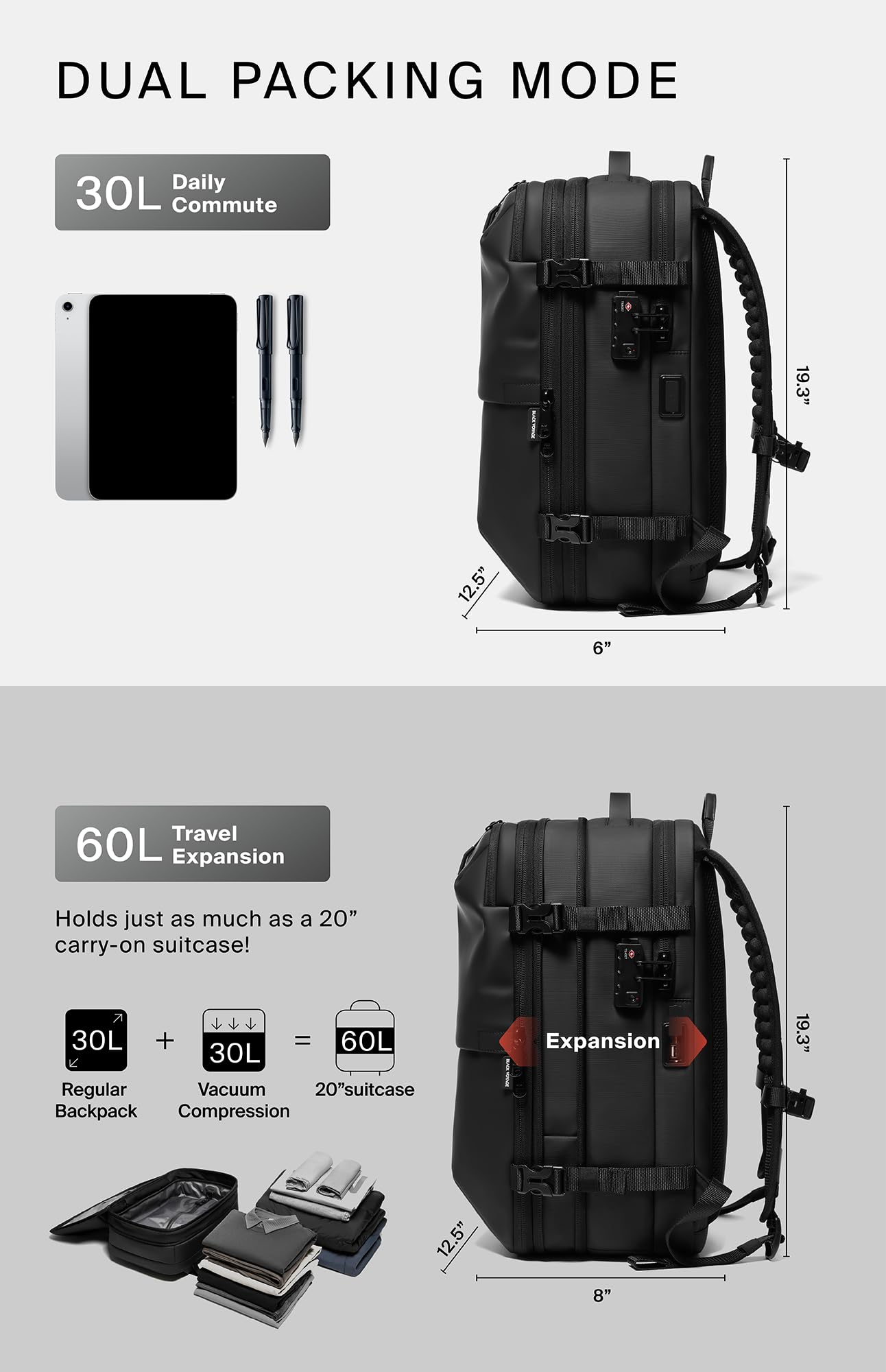 Vortex Vacuum Seal Travel Backpack 60L Exapandable Air Compression System Water Resistant TSA Lock Carry-On Suitcase Luggage Black AERO - Vacuum Pump Included