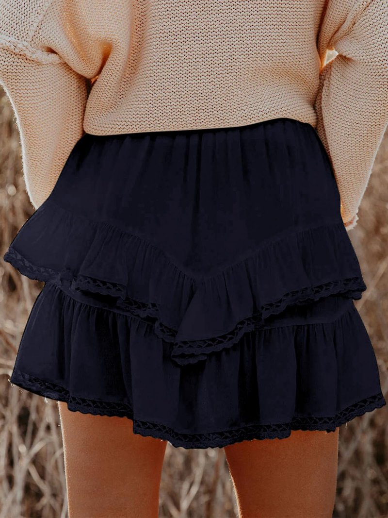 Aoudery Flowy Shorts for Women Casual Boho Ruffle Tiered Skorts High Waist Mini Skirts Golf Tennis Butterfly Crochet Shorts - Navy Blue XL