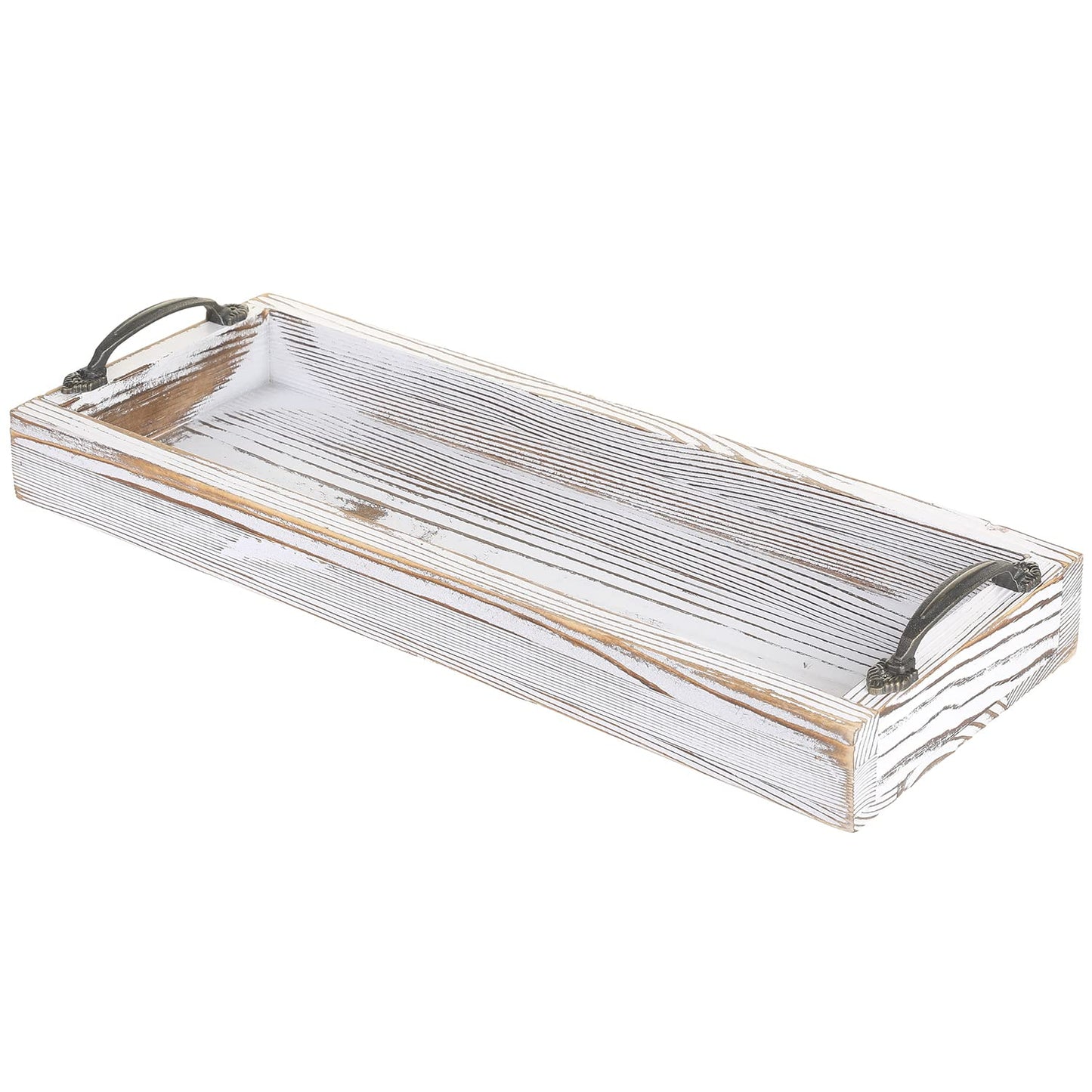 MyGift Weathered White Solid Wood Toilet Tank Tray, 16 Inch Rectangular Bathroom Vanity Tray with Aged Bronze Metal Handles