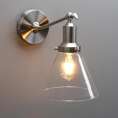 PERMO Industrial Vintage Slope Pole Wall Mount Single Sconce with Funnel Flared Clear Glass Shade Wall Sconce Light Lamp Fixture (Brushed)