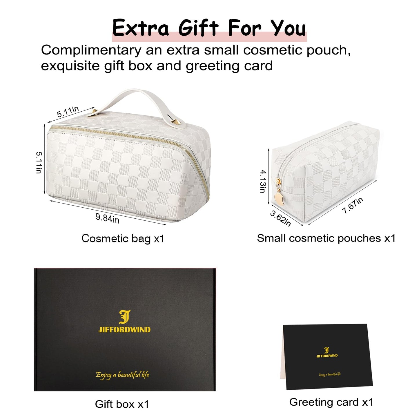 Checkered Travel Makeup Bags Cosmetic Organizer Bag: 2-Set Large Capacity Waterproof Makeup Bag - PU Leather Toiletry Bag for Women - Wide Open Portable Pouch with Handle and Divider (WHITE)
