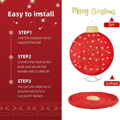 HOYECHI 2pc Lighted Pop-Up Outdoor Christmas Ornament Set – Holiday Ball Decorations with 200 LED Lights, 8 Lighting Modes, for Yard & Outdoor Christmas Decor - Red/Gold