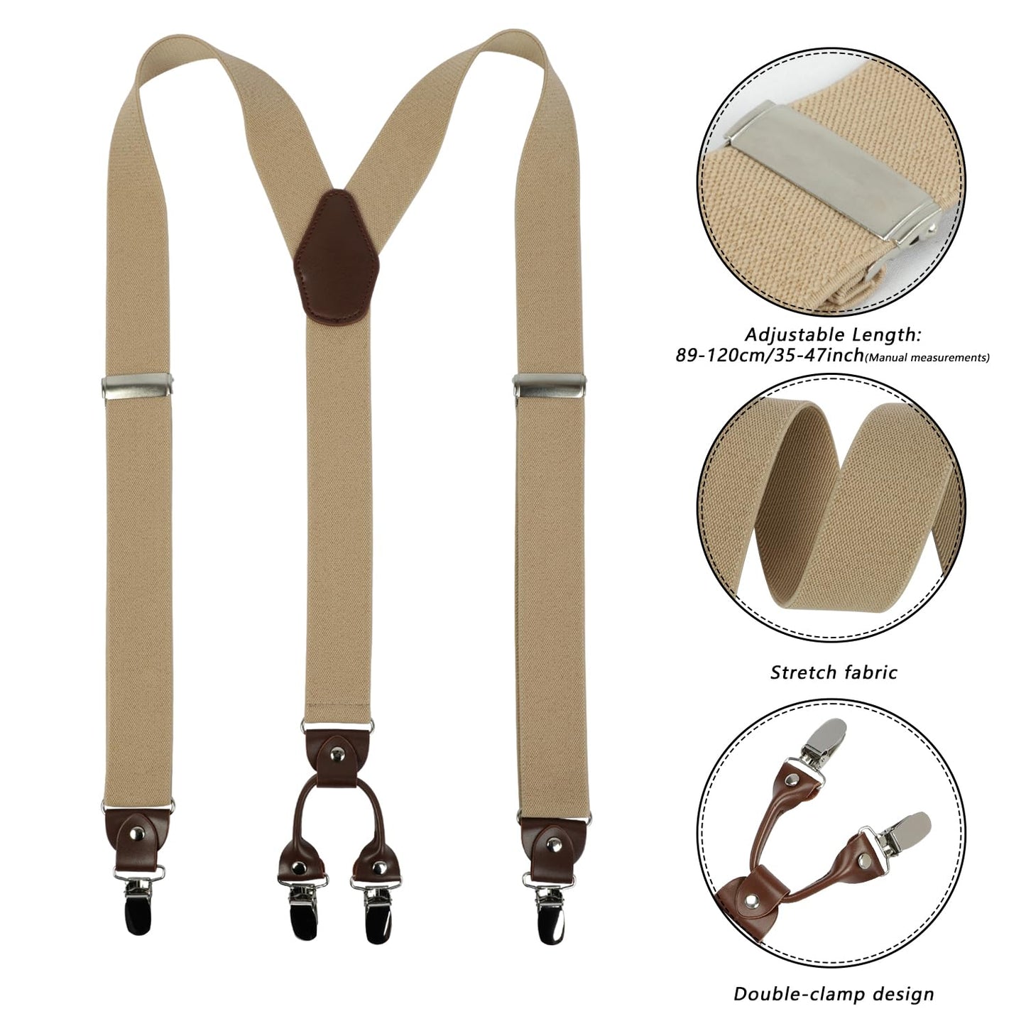 LEHOMU Men's Suspenders Adjustable Elastic Shoulder Straps 1.4 Inch Wide 4 Super Strong Metal Clips Adjustable Y Back Costume Wedding Prom Tuxedo Dress Suspenders,Champagne