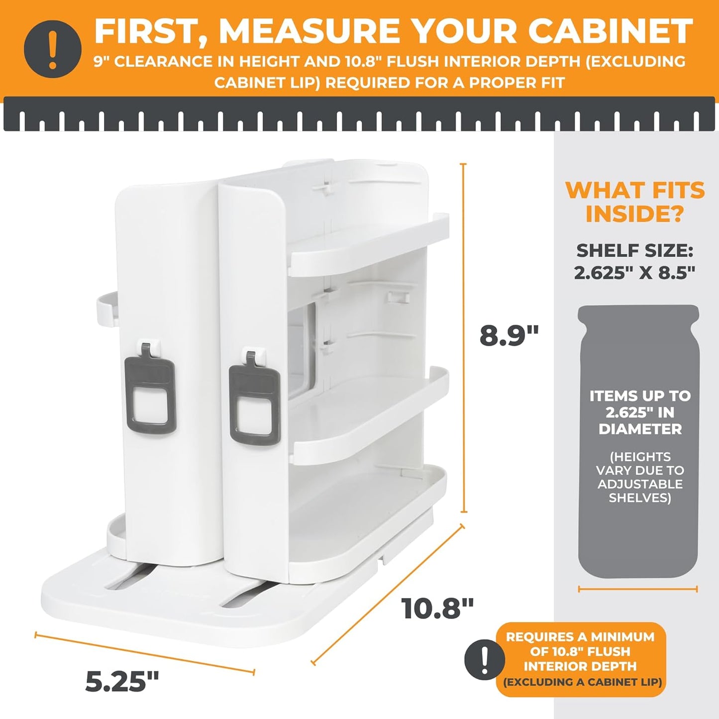 Cabinet Caddy SNAP! Spice Rack Organizer for Cabinet - Slide & Rotate Seasoning Organizer - 3 Snap-In Adjustable Shelves for 5 Tier of Storage - Magnetic Modular Design - 8.9”H x 6.1”W x 10.8”D