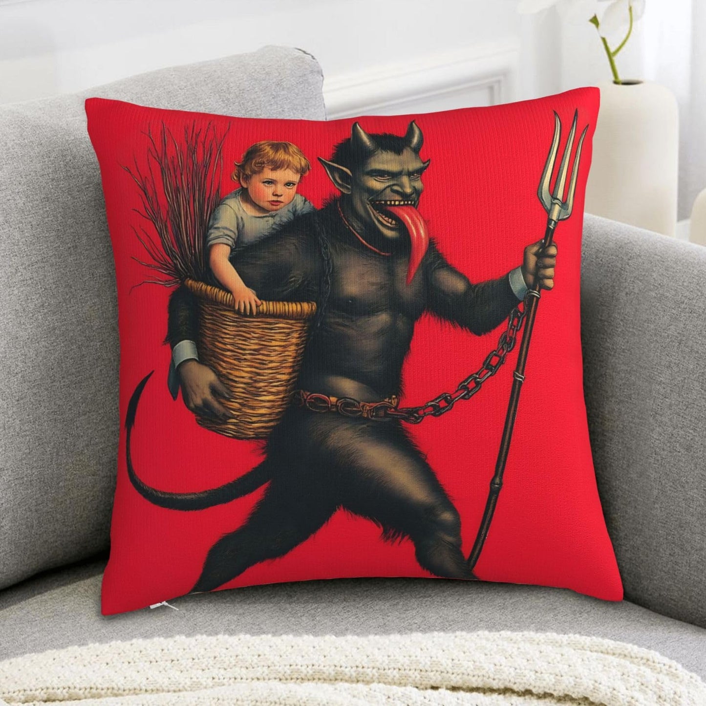 Yaateeh Krampus Christmas Folklore Red Throw Pillow Covers Decorative 18x18 Inch Pillowcase Square Cushion Cases for Home Sofa Bedroom Livingroom