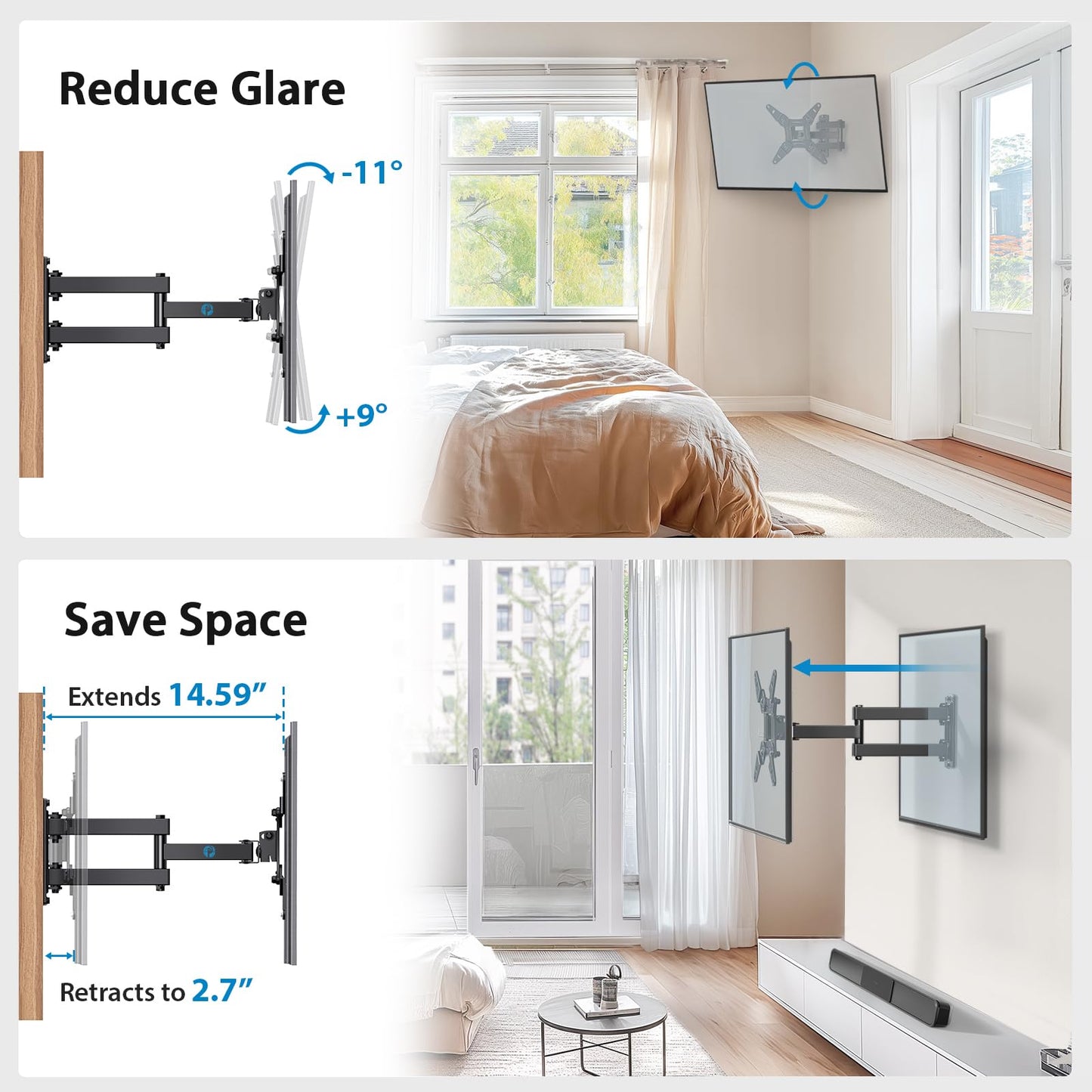 Pipishell Full Motion TV Monitor Wall Mount Bracket Swivel Tilt Extension Rotation for Echo Show 21/15 and Most 13-42 Inch LED LCD Flat Curved Screen TVs & Monitors, Max VESA 200x200mm up to 44lbs