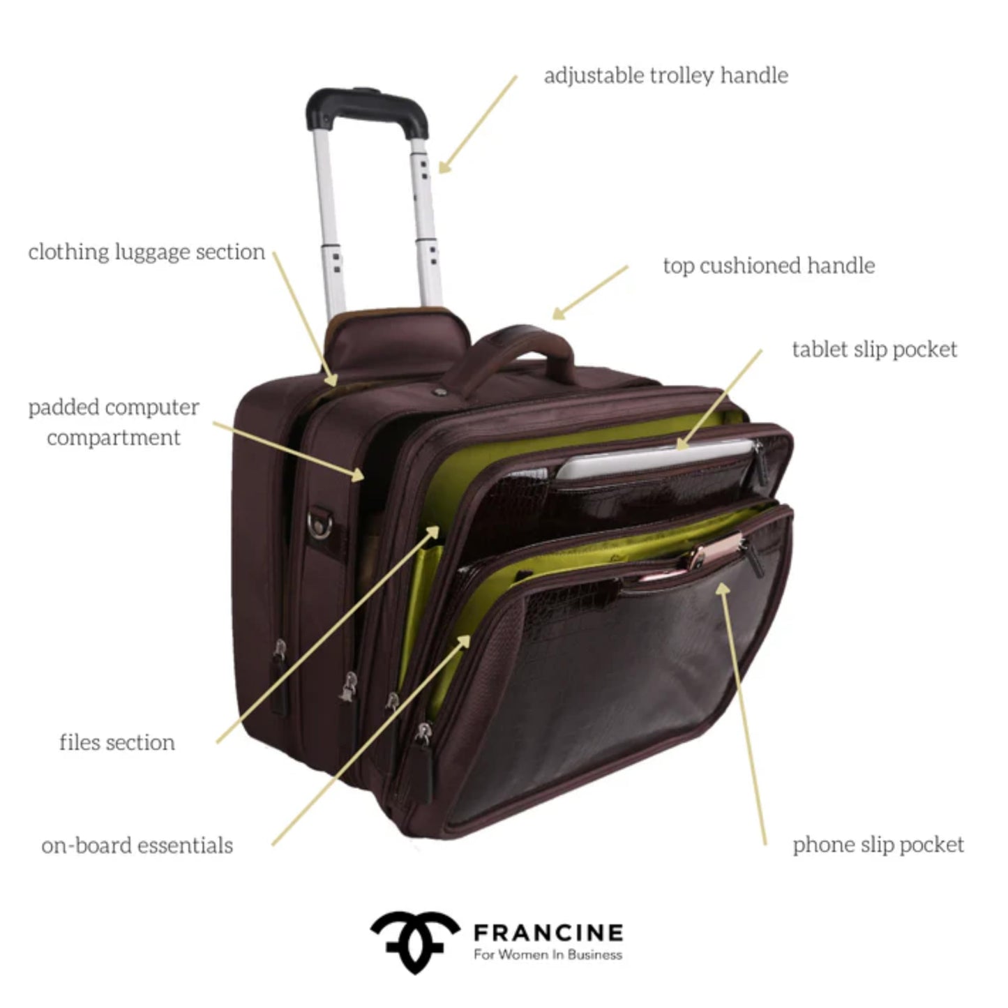 FRANCINE Croco-Style Roller Laptop Tote Bag, Fits Up to 17-Inch Laptop, Wheeled Carry-On Work Travel Bag with Telescoping Handle and Multiple Compartments (Brown)