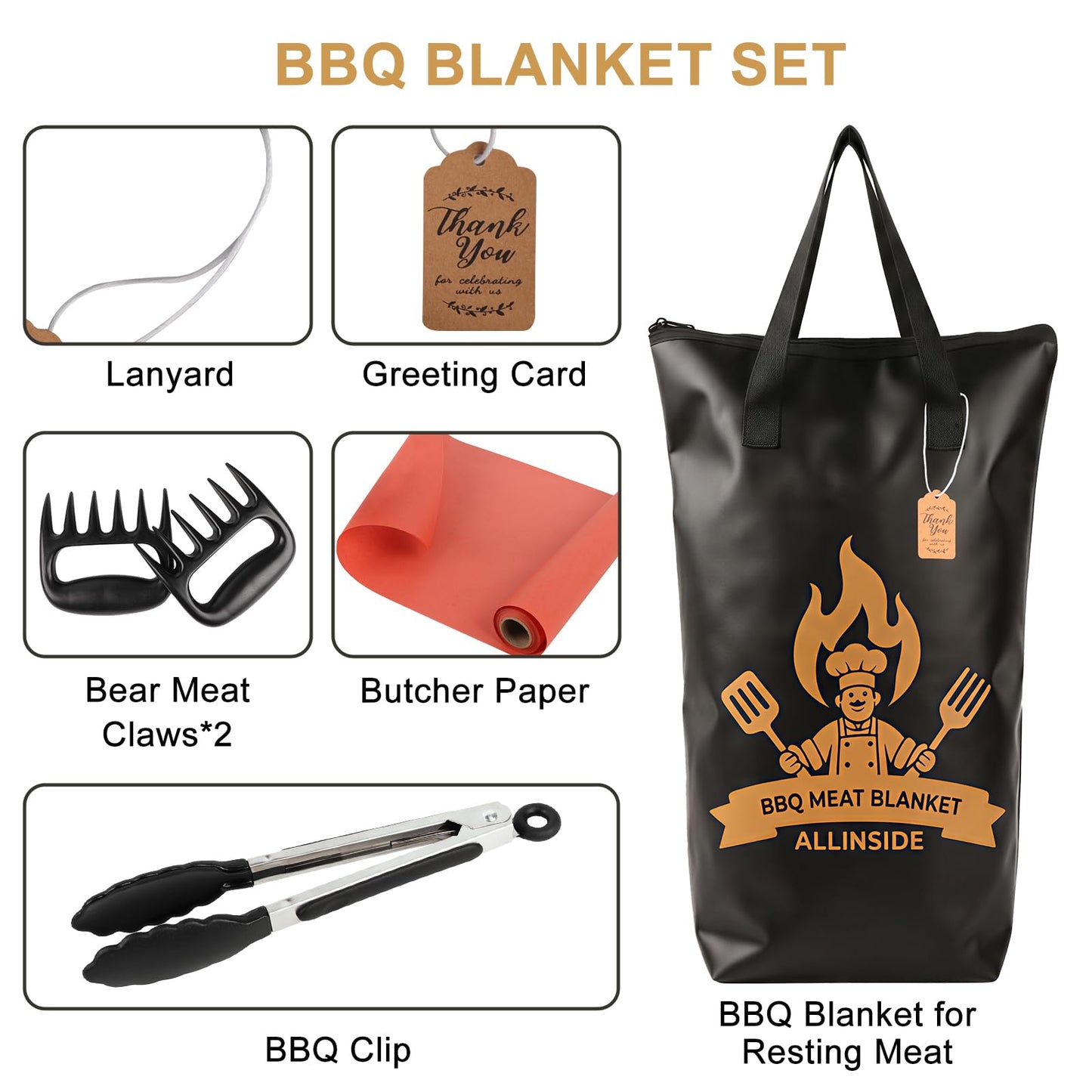 Allinside BBQ Blanket for Resting Meat - Extra Large Insulated Meat Resting Bag with Meat Shredder Claw, Grill Tongs, Butcher Paper, Greeting Card & Lanyard | Professional Grilling Kit for Smoker