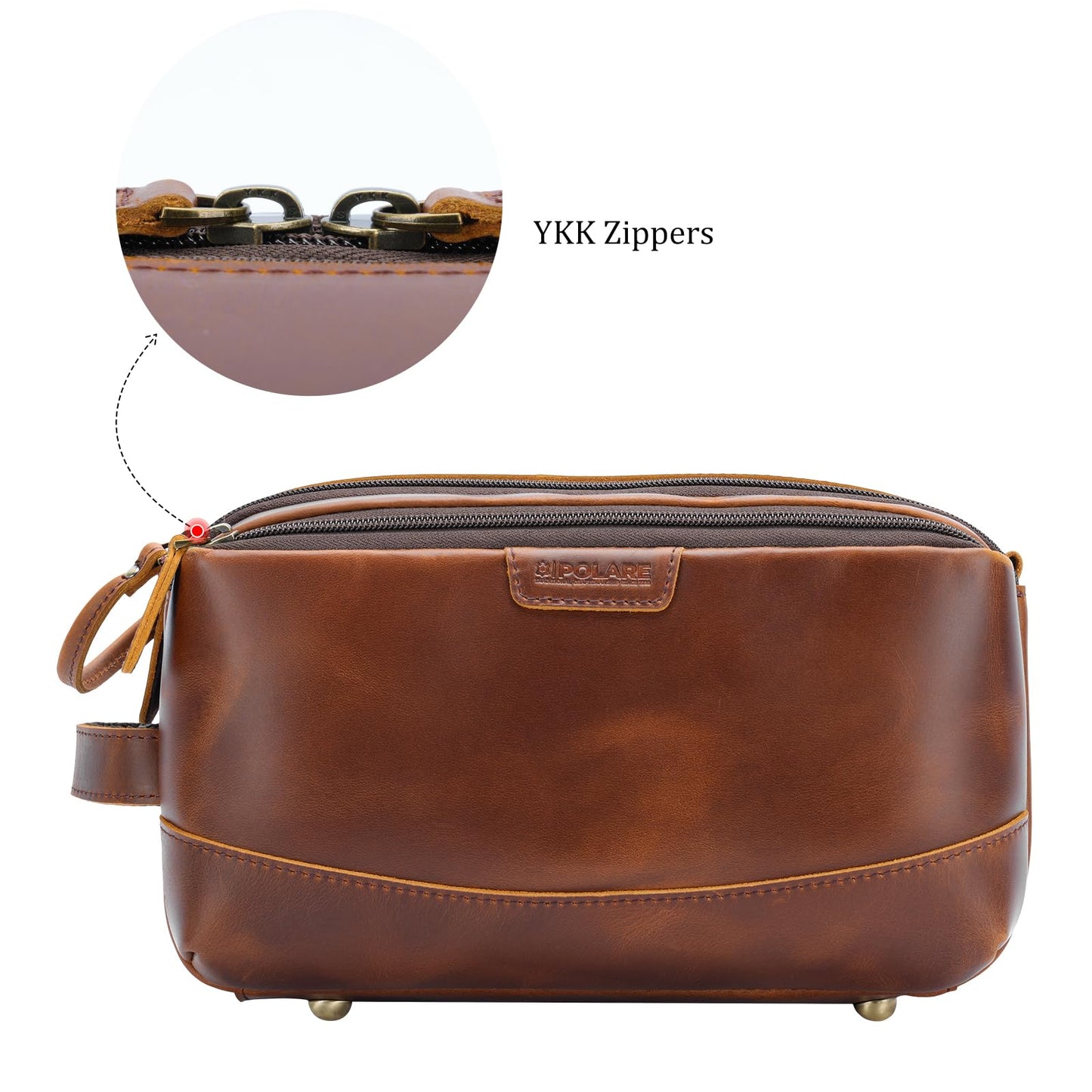 Polare Full Grain Leather Toiletry Bag for Men Large Travel Cosmetic Case Dopp Kit Shaving Kit Wash Pouch with YKK Zippers (Brown)