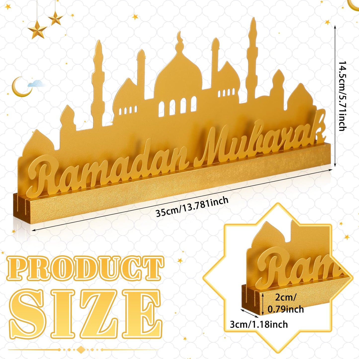13.78 Inch Metal Ramadan Table Sign Ramadan Mubarak Letter Sign Eid Decorations for Home Muslim Golden Palace Islamic Table Centerpiece for Islamic Home Office Kitchen Party Decor Gifts