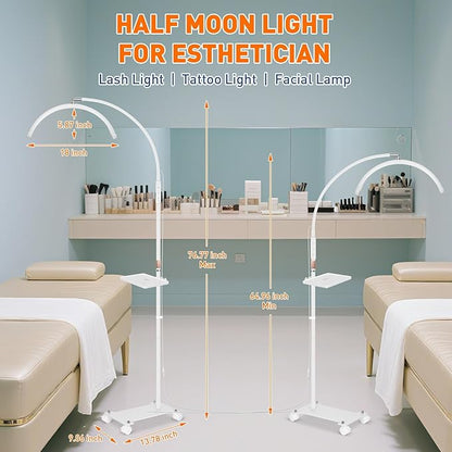 KIRKAS Lash Light Half Moon Lamp with Tool Tray, Flexible Gooseneck Lash Nail Tech for Esthetician Eyelash Extension, Tattoo, 18 Inch LED Floor Lamp with Roller Base Adjustable Brightness Color-White